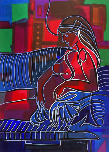 nú sobre sofá listrado by Dek, Painting for Sale on Select