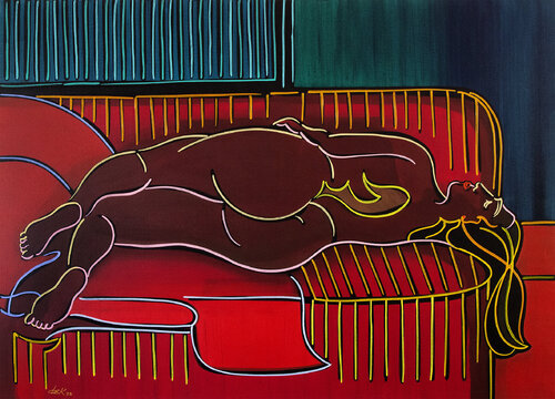 nú de costas sobre sofá listrado 02 by Dek, Painting for Sale on Select