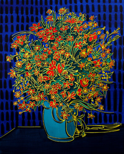 blue vase with red flowers by Dek, Painting for Sale on Select
