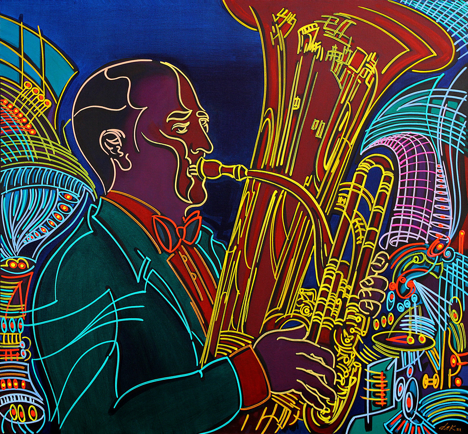 the tuba player Dek Original painting for sale
