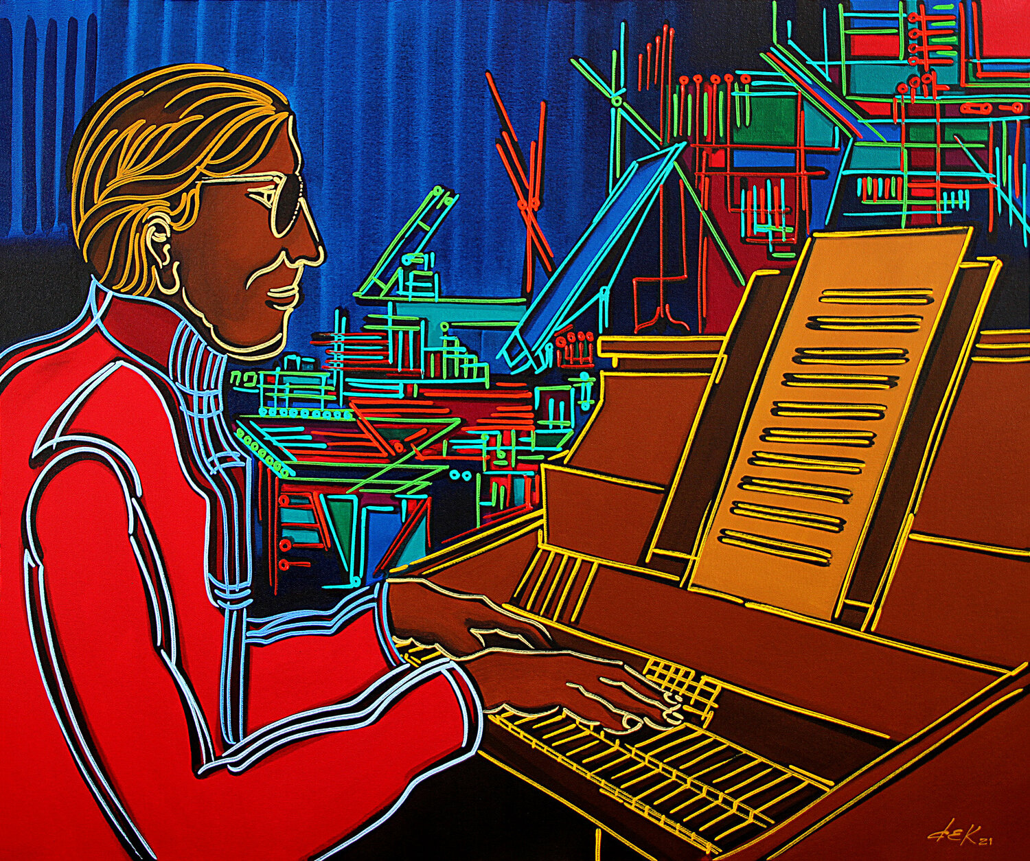 the pianist in the red blouse Dek Original painting for sale