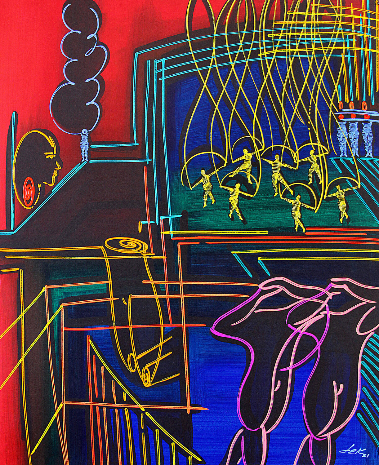 figures on stage II Dek Original painting for sale