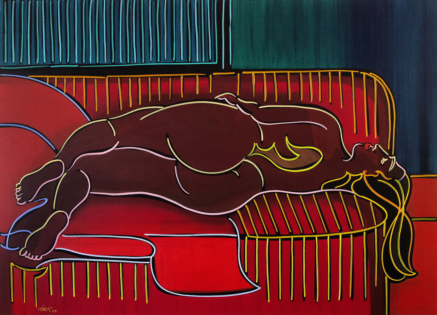 nú de costas sobre sofá listrado 02 Dek Original painting for sale