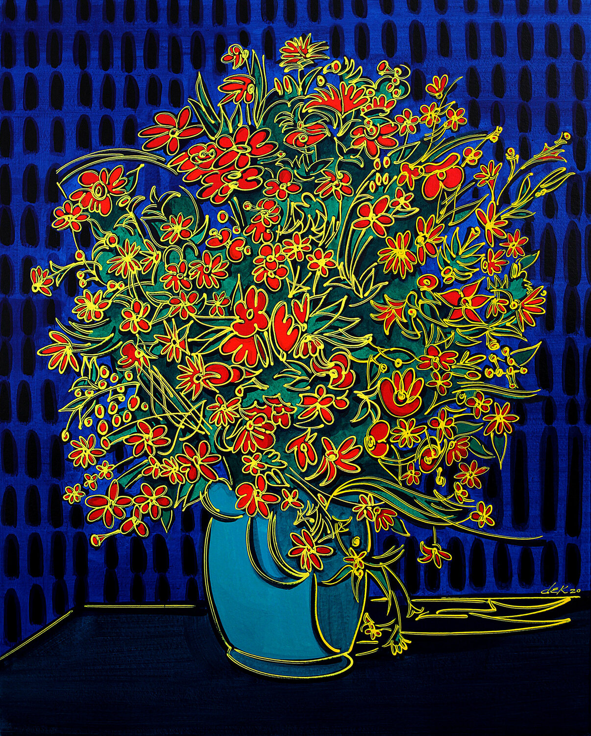 blue vase with red flowers Dek Original painting for sale