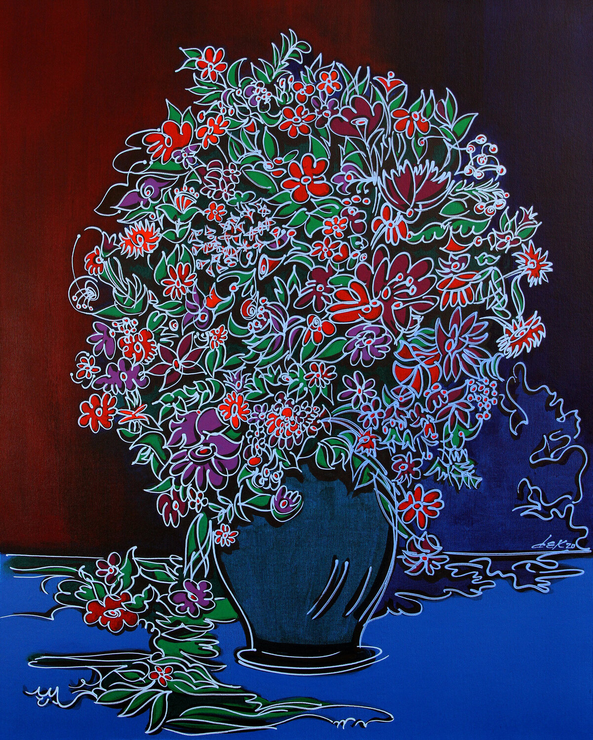 vase on blue table Dek Original painting for sale
