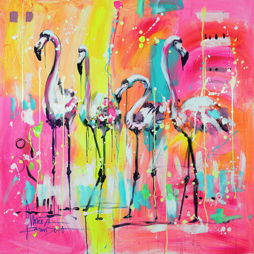 Flamingo family by Marta Zawadzka, Painting for Sale on Select
