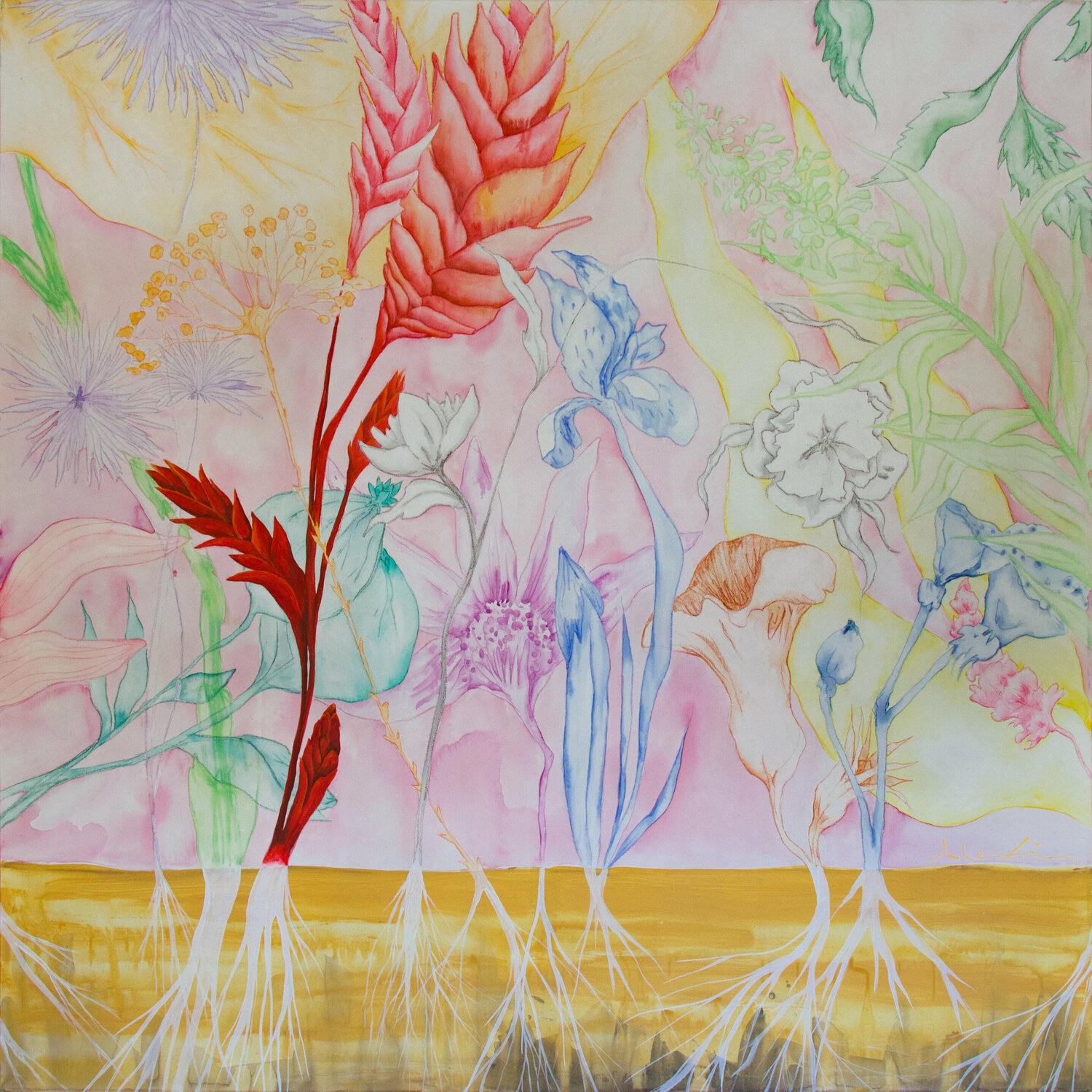 El jardín de las flores vivas. [The Garden of Live Flowers] Alexia López Sosa Original painting for sale