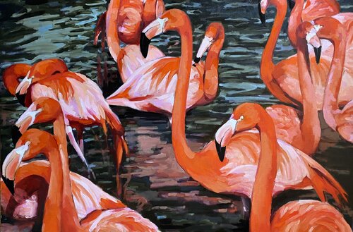 Les Flamants roses by Géraldine Morales, Painting for Sale on Select
