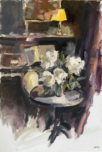 Le guéridon au fleurs blanches by Géraldine Morales, Painting for Sale on Select