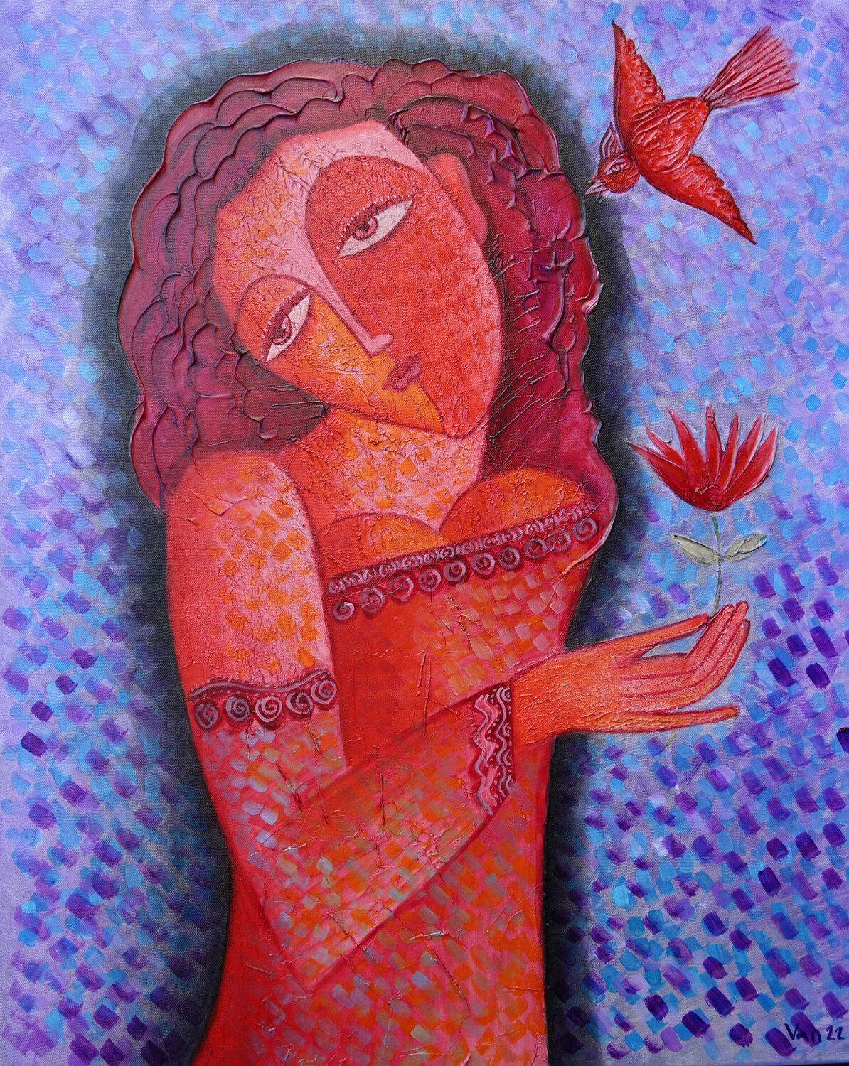 Red Bird Van Hovak Original painting for sale