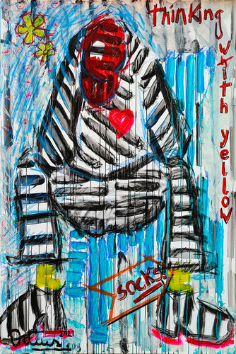 Thinking with yellow socks by Christian Dittus, Painting for Sale on Select