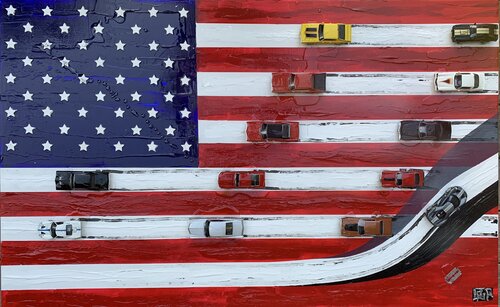 STARS AND STRIPES WITH MUSCLES CARS  ( ARTOYS) by Alain Granger (A.G.R.), Painting for Sale on Select