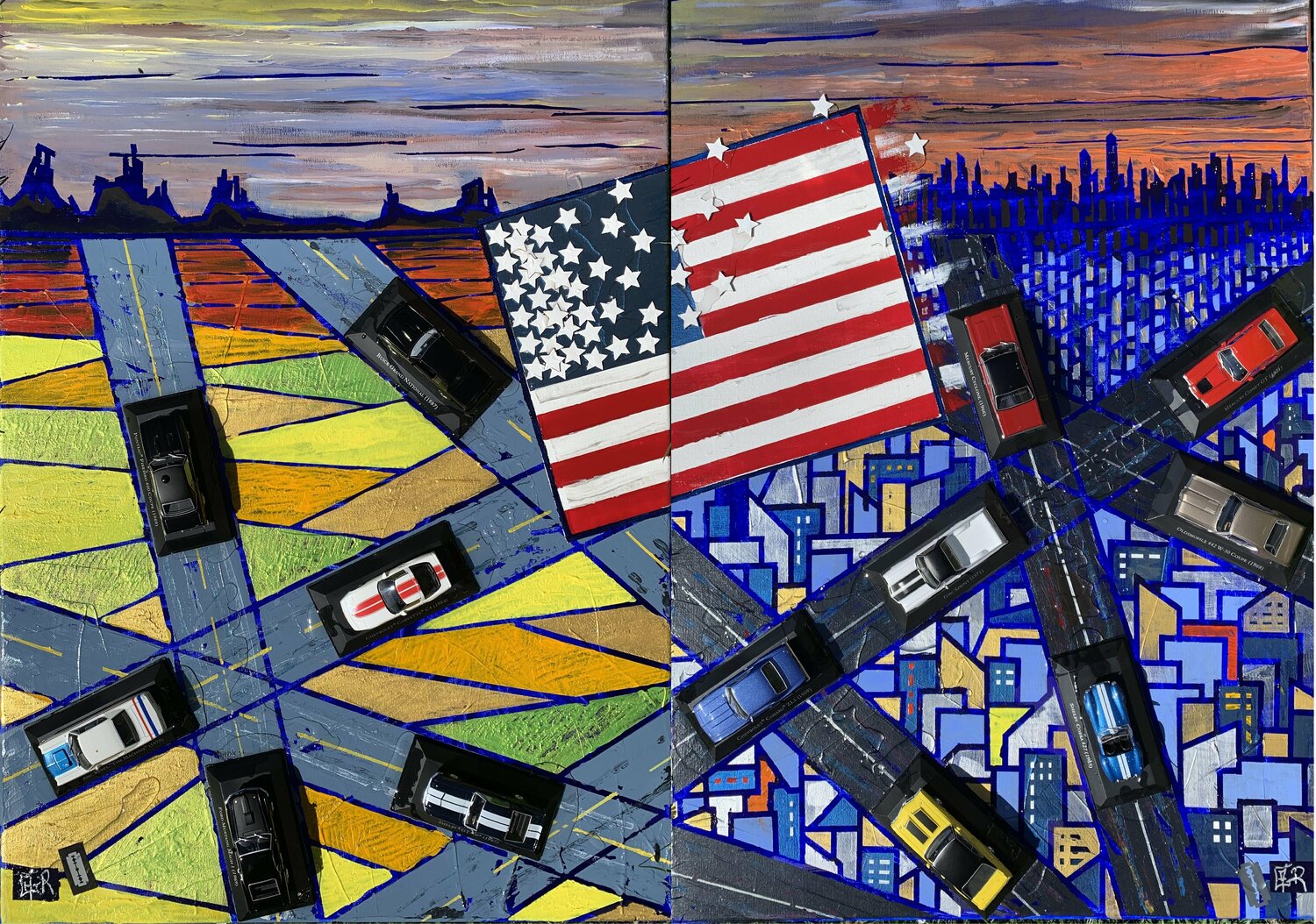 From East to West by muscle cars in the USA  ( Artoys) Alain Granger (A.G.R.) Original painting for sale