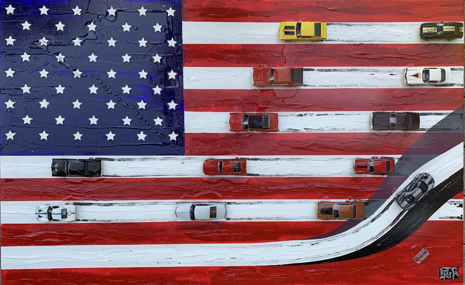 STARS AND STRIPES WITH MUSCLES CARS  ( ARTOYS) Alain Granger (A.G.R.) Original painting for sale