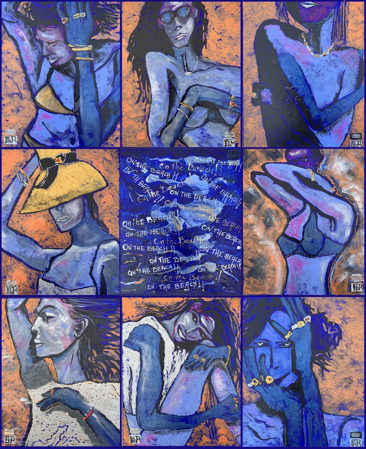 On the beach ! ( Polyptyque) Alain Granger (A.G.R.) Original painting for sale