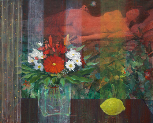 Tu t'étais endormie, un livre éteint dans ta main, une fleur suspendait ton rêve empli de désir. by François Pagé, Painting for Sale on Select