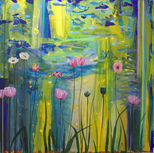 Aux dernières lumières d'été, l'or tombait sur l'étang, il frémissait de cette richesse ; les fleurs, elles, exhibaient leur tendre jeunesse le temps d'une saison. by François Pagé, Painting for Sale on Select