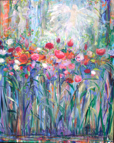 Dans le jardin de Rosa, à travers les brumes de mai, nous admirions la danse des anges. by François Pagé, Painting for Sale on Select