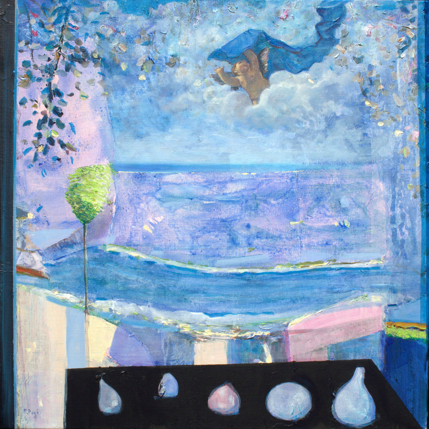 C'était le jour de l'assomption, j'avais bien vu depuis le salon, une écharpe bleue voletant depuis ton balcon. J'ai cru un instant au manteau de notre Dame. François Pagé Original painting for sale