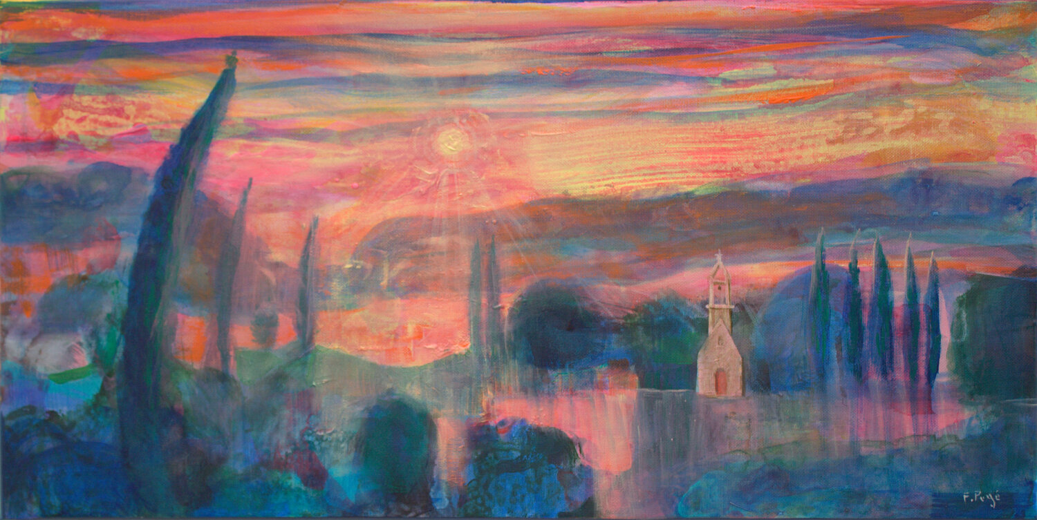 C'était une fin du jour où ta main c'était endormie dans la mienne, le paysage soupirait sous le feu corail du soleil. Huile sur toile : François Pagé Original painting for sale