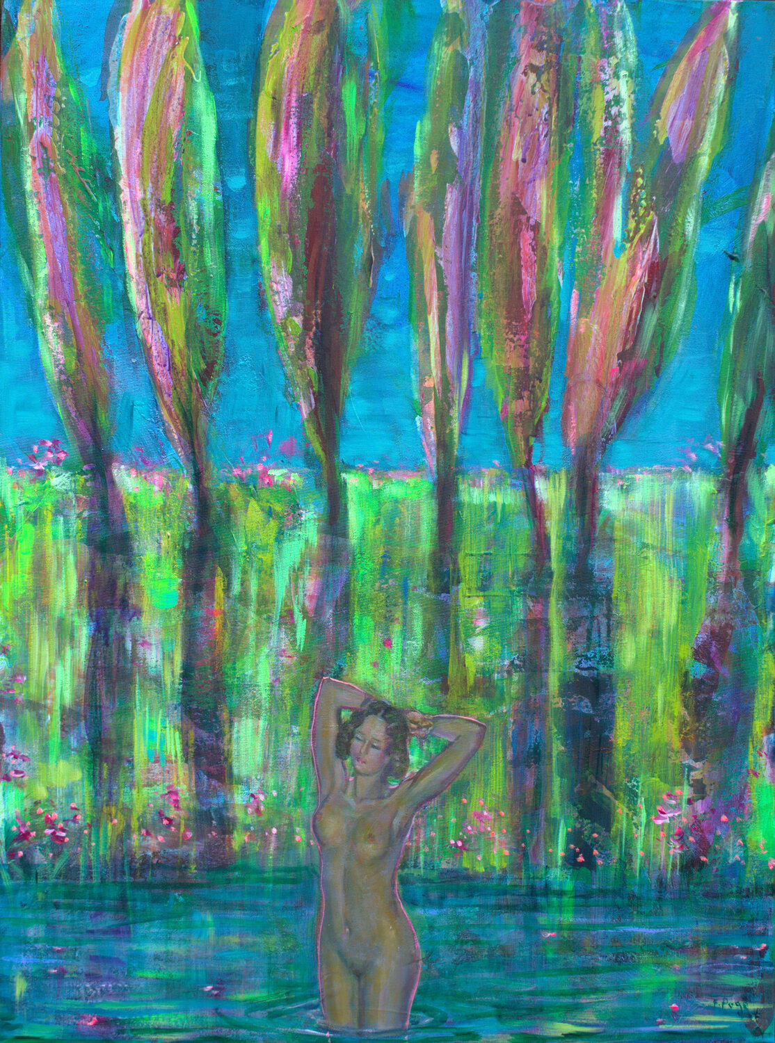 Parfois l’été, Diane offrait tout son corps aux jeunes peupliers. Quelques-uns gambillaient et frétillaient devant sa splendeur. François Pagé Original painting for sale