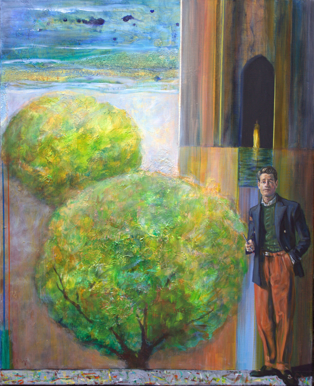 John posant devant son tableau: "Ariane attendant Thésée devant la porte du labyrinthe." François Pagé Original painting for sale