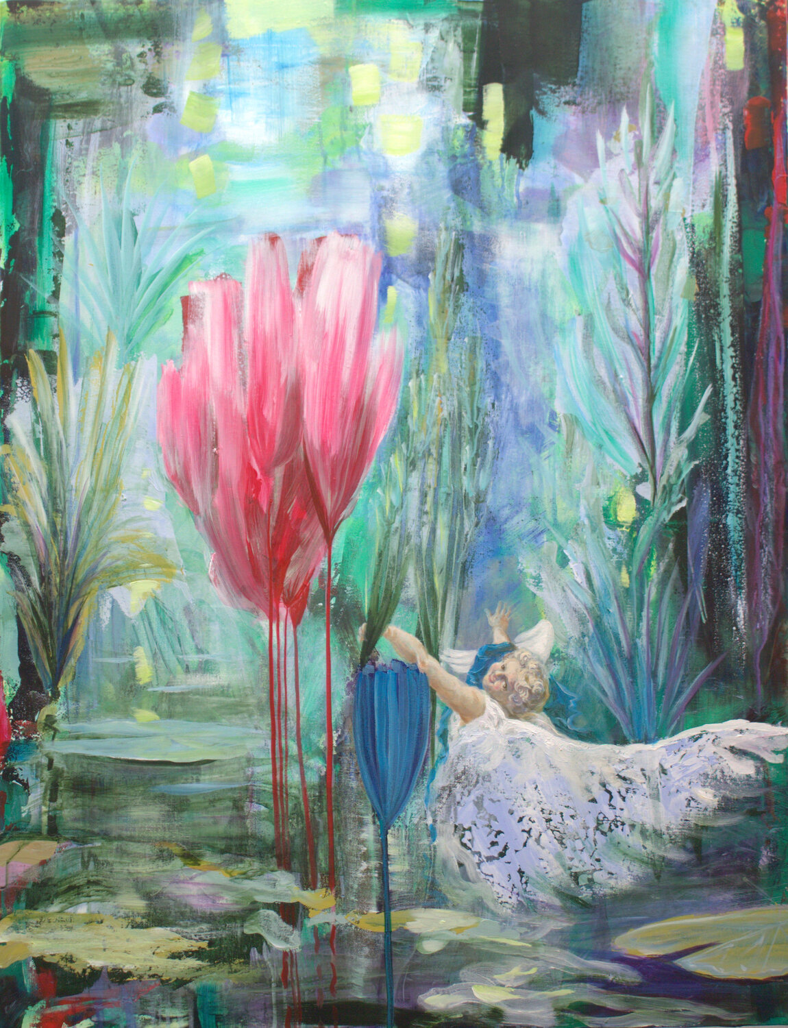 Au moment où tu déposas un baiser sur mon cou, je crus voir sur l'étang un instant un chérubin te souriant. François Pagé Original painting for sale