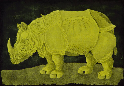 Yellow rhino by Gian Luigi Delpin, Painting for Sale on Select