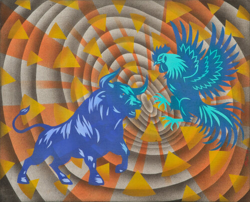 Bull vs rooster by Gian Luigi Delpin, Painting for Sale on Select
