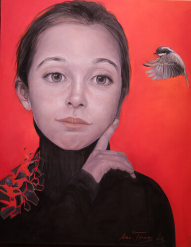 PÁJARO, NIÑA Y FONDO ROJO by Ana Termes Lis, Painting for Sale on Select