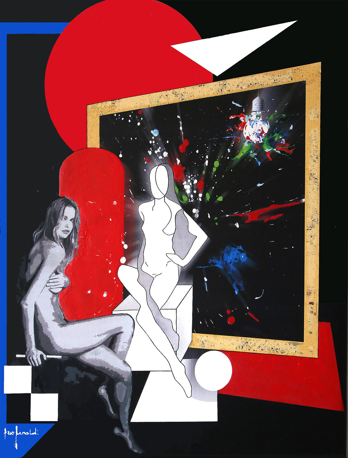 NUDO SU CUBI  CON IMMAGINE RIFLESSA - tela Ezio Ranaldi Original painting for sale
