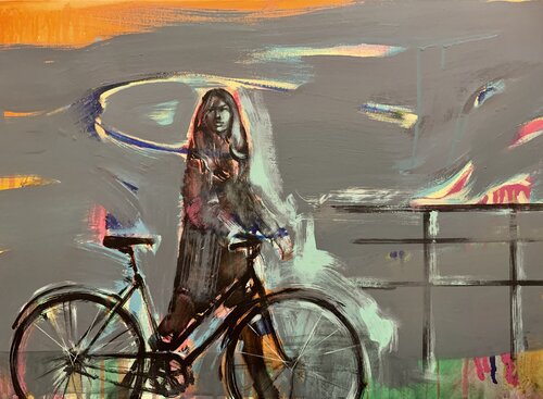 Big painting - "Autumn" - Girl - Bikes - Bicycle - Pop Art - Urban by Yaroslav Yasenev, Painting for Sale on Select