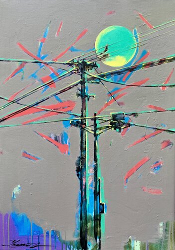 Urban painting - "Green Sun" - Pop art - Bright - Street art - Sunset - City - Street - Grey&Green by Yaroslav Yasenev, Painting for Sale on Select
