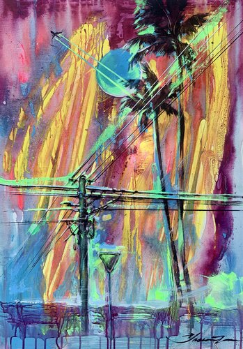 Bright Californian sunset - "Blue moon" - Palms - Urban art - Plane - Pole and Wires - Yellow - Pink - Blue by Yaroslav Yasenev, Painting for Sale on Select