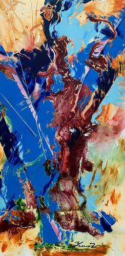 Abstract painting - "Chinese dragon" - Abstraction - Geometric - Space abstract - Big painting - Bright abstract - Blue&Yellow - Red&Orange by Yaroslav Yasenev, Painting for Sale on Select