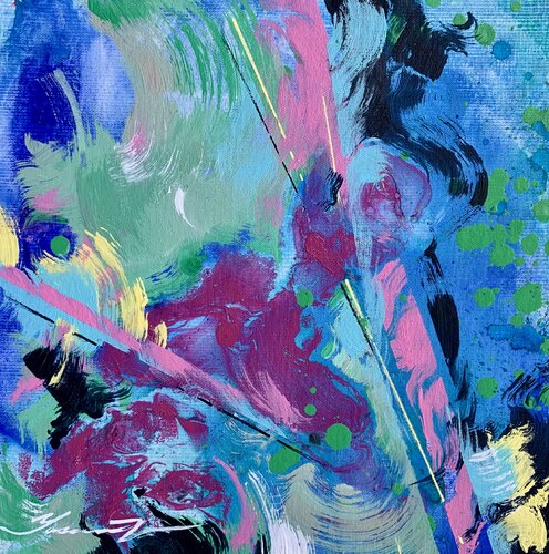 Abstract painting - "Blue reflection" - Abstraction - Geometric - Space abstract - Small painting - Bright abstract - Blue and Pink by Yaroslav Yasenev, Painting for Sale on Select