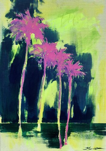 Yellow&Blue artwork - "Pink night" - Pop Art - Florida - California - Palms - Street Art - Expressionism - Sunset by Yaroslav Yasenev, Painting for Sale on Select