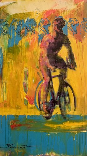 Bright painting - "Cyclosaurus" - Urban Art - Pop Art - Bicycle - Street Art - Yellow&Blue - City - Street scene by Yaroslav Yasenev, Painting for Sale on Select