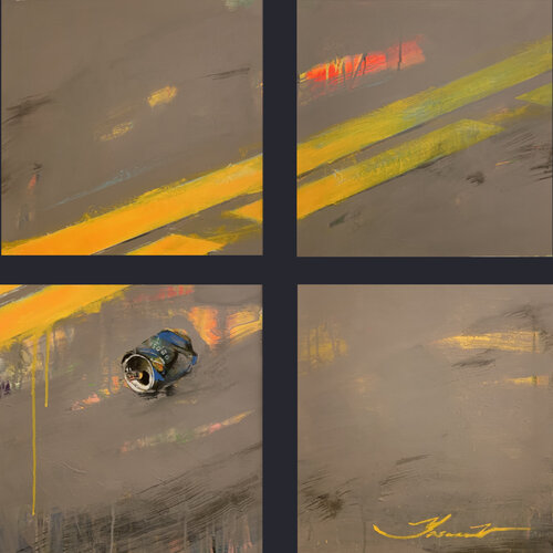 Big bright painting - "Road to the center" - City - Urban - Polyptych - Grey & Yellow by Yaroslav Yasenev, Painting for Sale on Select