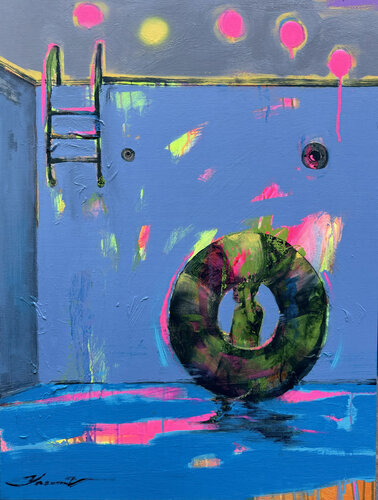 I thought the pool is ready for summer - Small boy - Pop Art - Yellow Pink - Los Angeles - Miami by Yaroslav Yasenev, Painting for Sale on Select