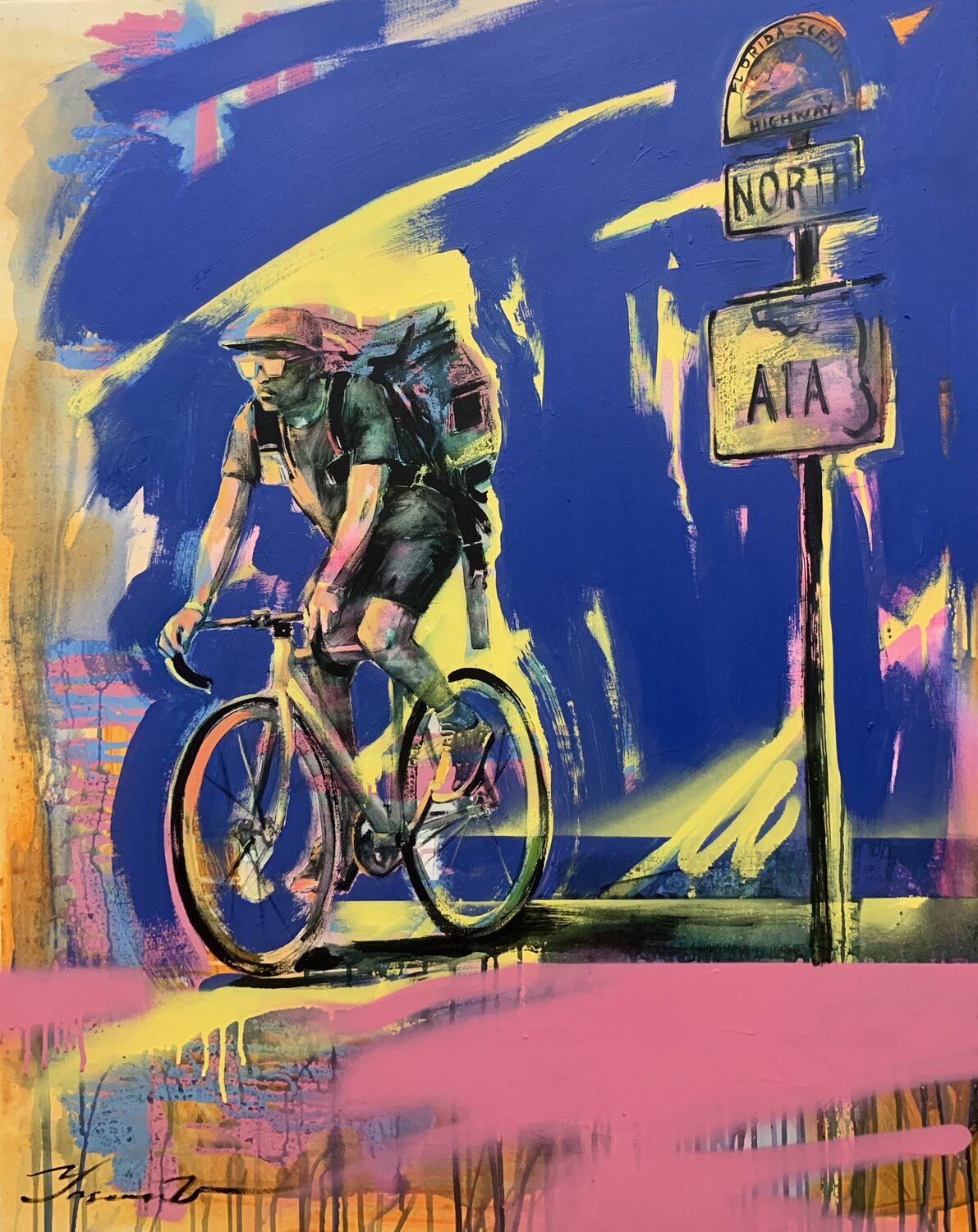 Bright big painting - "Young cyclist" - Urban Art - Pop Art - Bicycle - Street Art Yaroslav Yasenev Original painting for sale