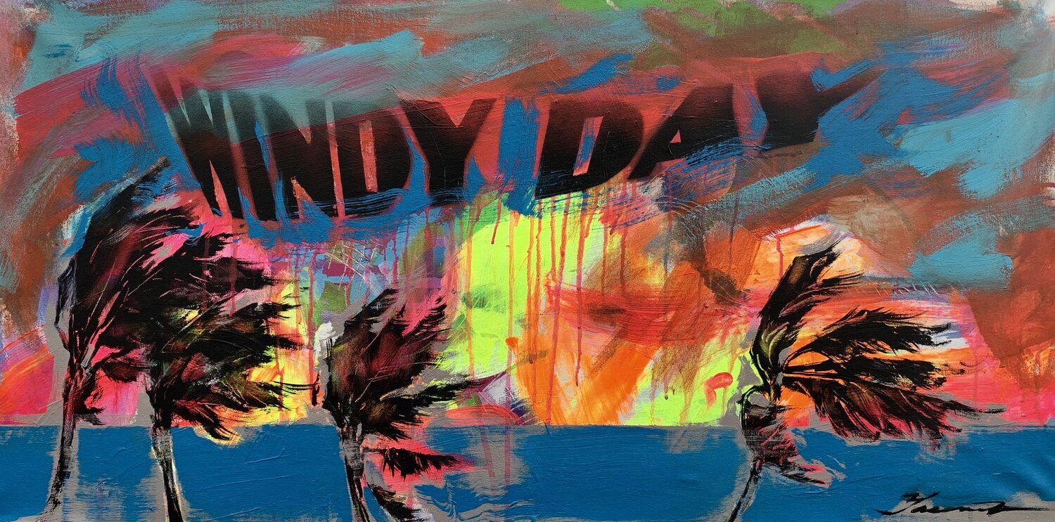 Expressionist bright painting - "WINDY DAY" - Pop Art - Palms and Sea - Night seascape - Sun - Orange Sunset Yaroslav Yasenev Original painting for sale