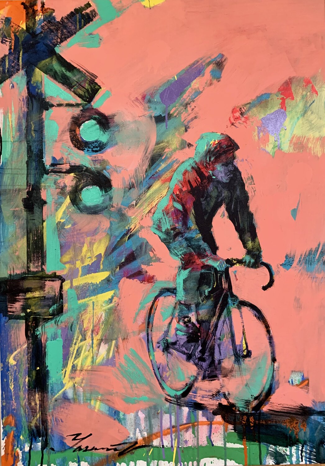 Bright painting - "City cyclist" - Urban Art - Pop Art - Bicycle - Street Art - Pink&Green - City - Street scene Yaroslav Yasenev Original painting for sale