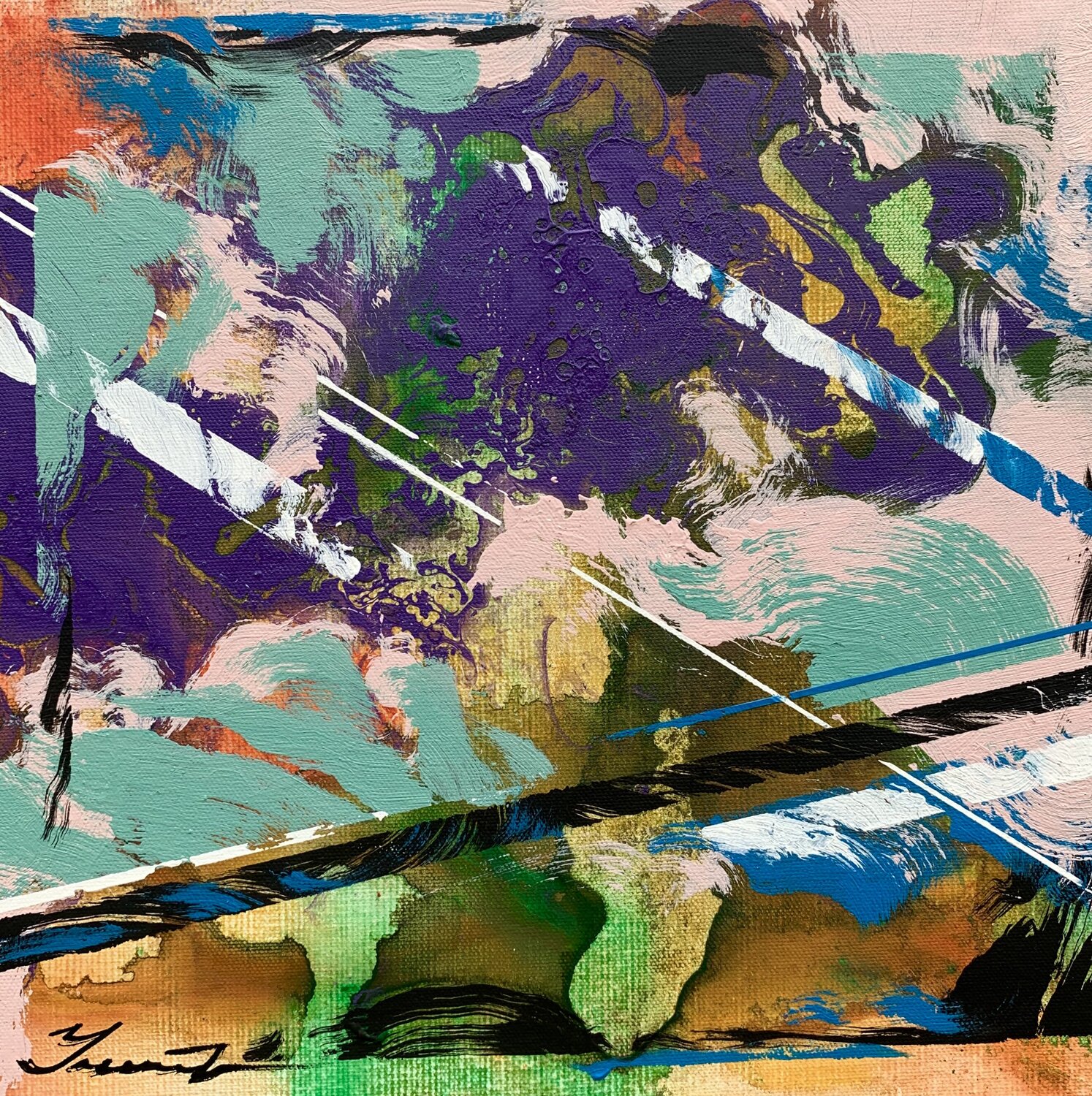 Abstract painting - "Purple cloud" - Abstraction - Geometric - Space abstract - Small painting - Bright abstract - Purple and Green Yaroslav Yasenev Original painting for sale