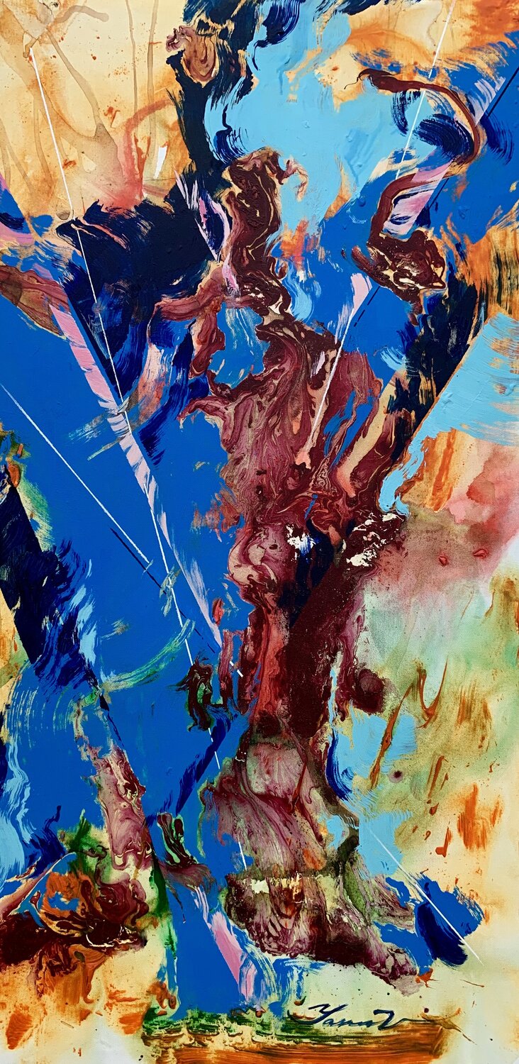 Abstract painting - "Chinese dragon" - Abstraction - Geometric - Space abstract - Big painting - Bright abstract - Blue&Yellow - Red&Orange Yaroslav Yasenev Original painting for sale
