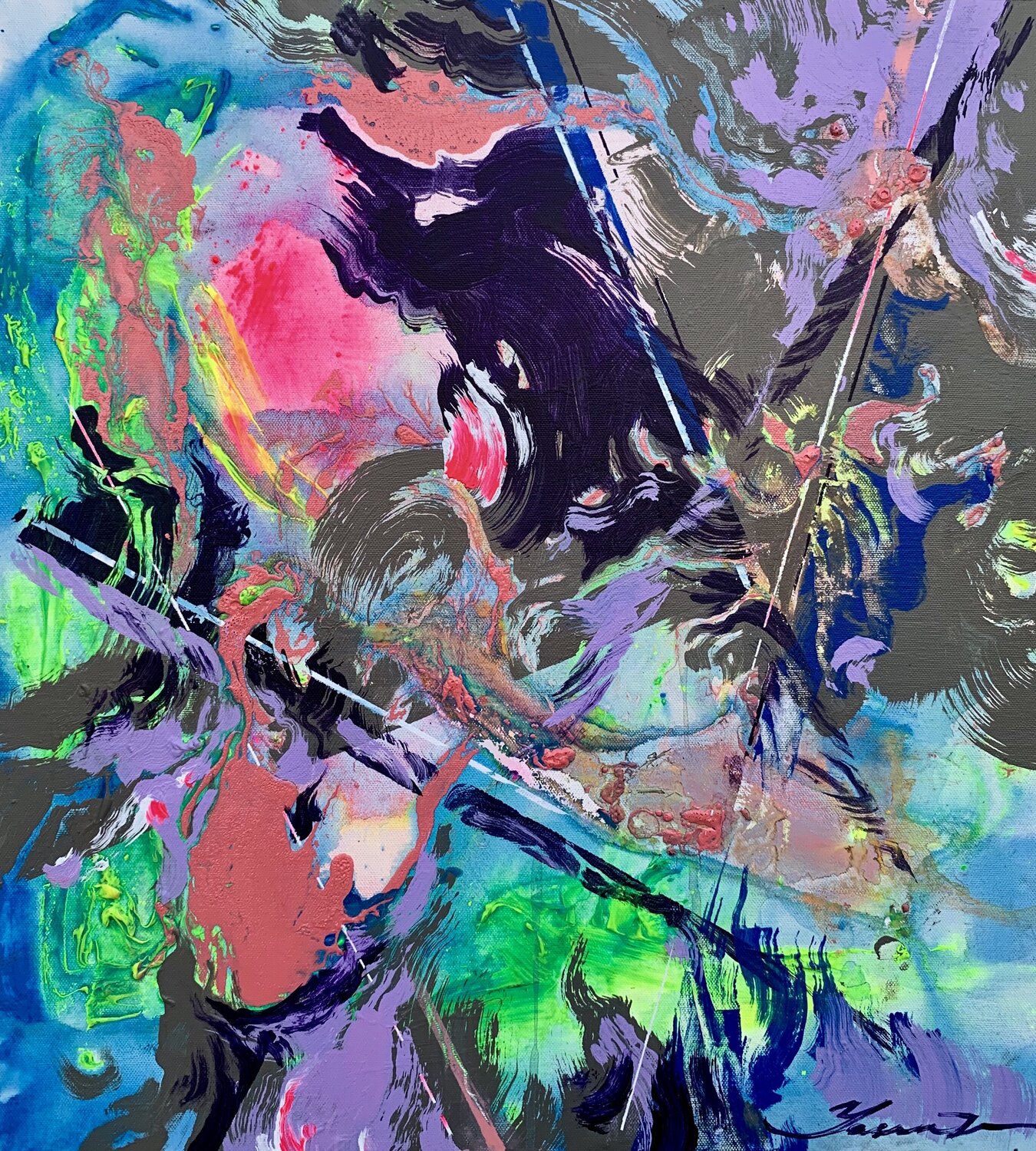 Abstract painting - "Pink lake" - Abstraction - Geometric - Space abstract - Bright abstract - Grey&Purple - Green&Blue Yaroslav Yasenev Original painting for sale