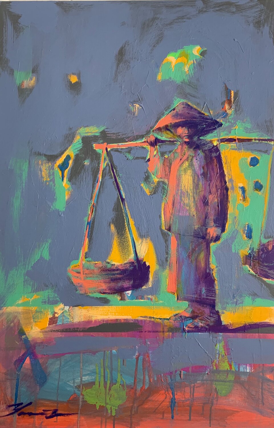 Bright painting - "Asian sunset" - Pop Art - Concept Art - Urban - Street Art - Asia - China - Grey&Yellow&Pink Yaroslav Yasenev Original painting for sale