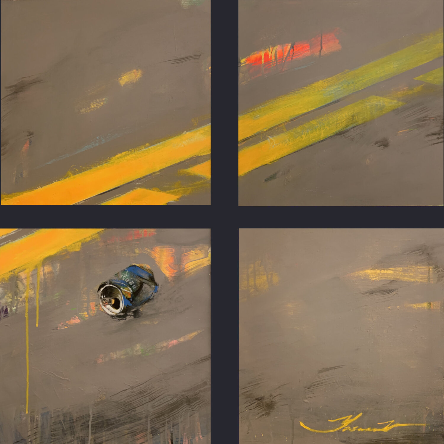 Big bright painting - "Road to the center" - City - Urban - Polyptych - Grey & Yellow Yaroslav Yasenev Original painting for sale