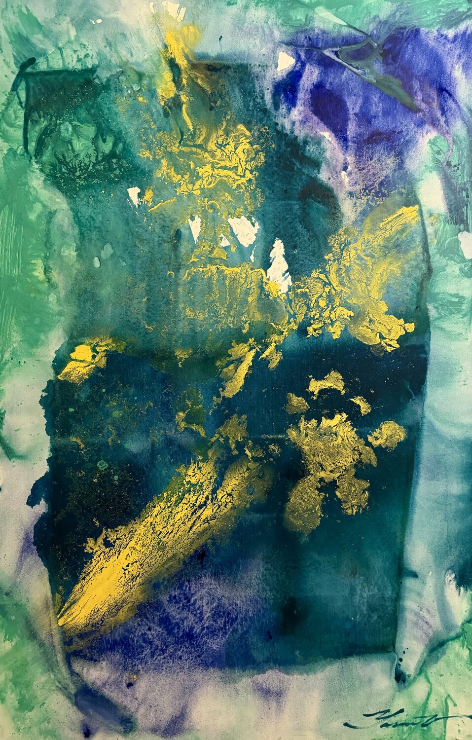 XXL Large Vertical Abstract - "Green Lake" - Expressionistic Abstract - Minimalistic Abstraction - Blue&Green&Yellow Yaroslav Yasenev Original painting for sale