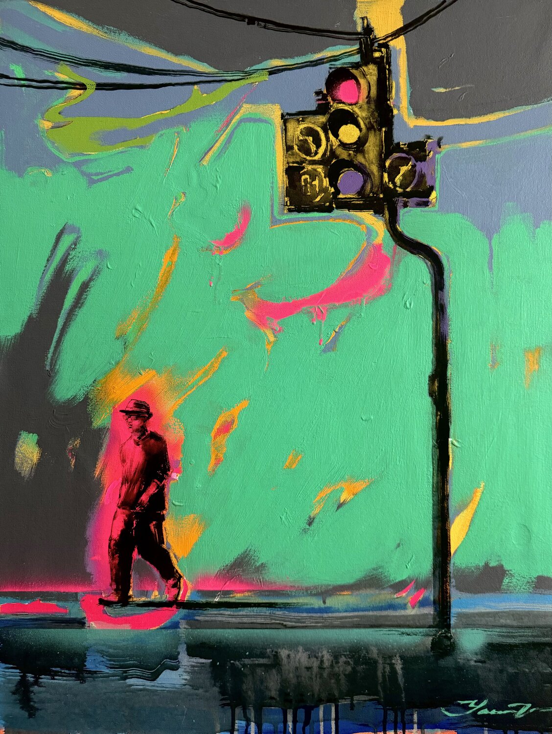 Pink traffic light Yaroslav Yasenev Original painting for sale